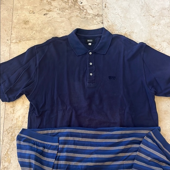 2 Golf shirts, Classic Striped (blue/grey) and solid blue Polo Shirt - Picture 6 of 13